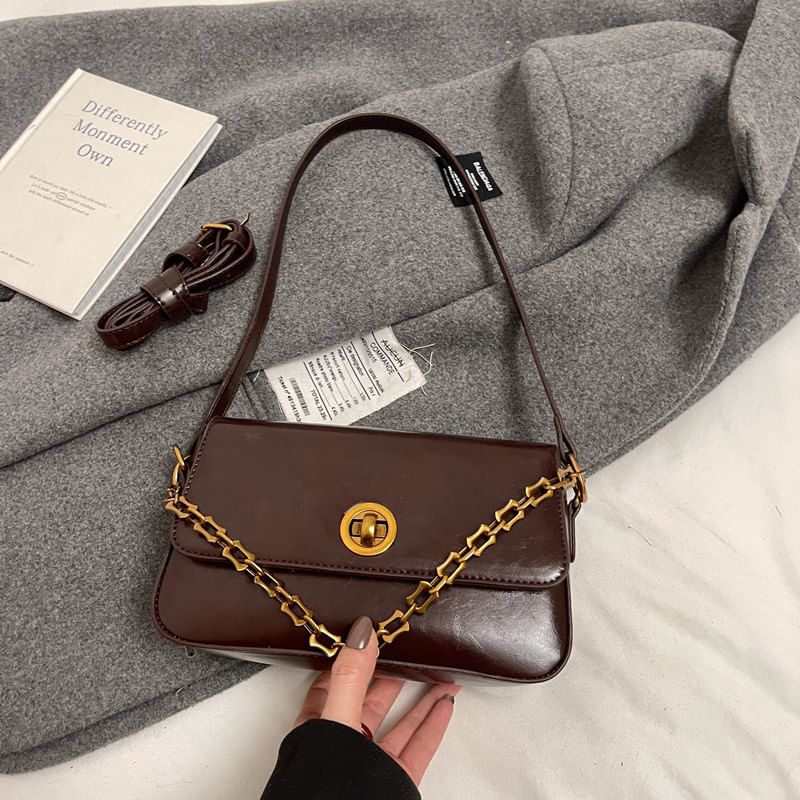 Chain Strap Plain Faux Leather Flap Shoulder Bag