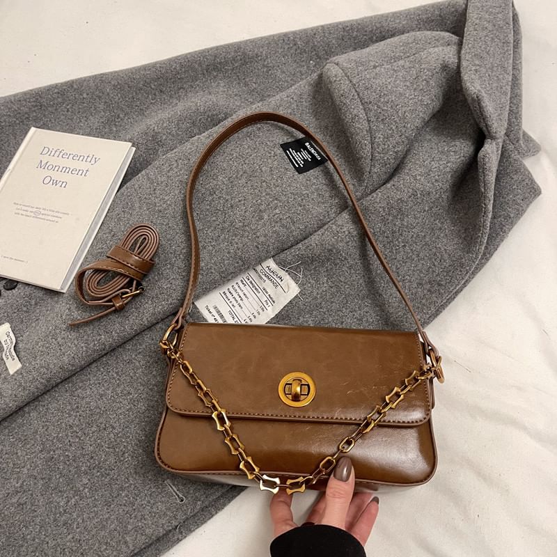 Chain Strap Plain Faux Leather Flap Shoulder Bag