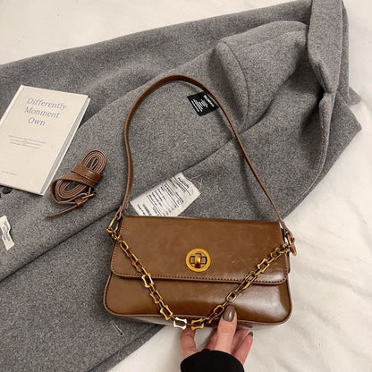 Chain Strap Plain Faux Leather Flap Shoulder Bag