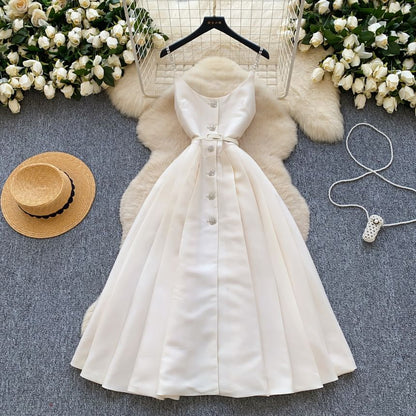Scoop Neck Pleated Midi Dress Button Down Thin Straps