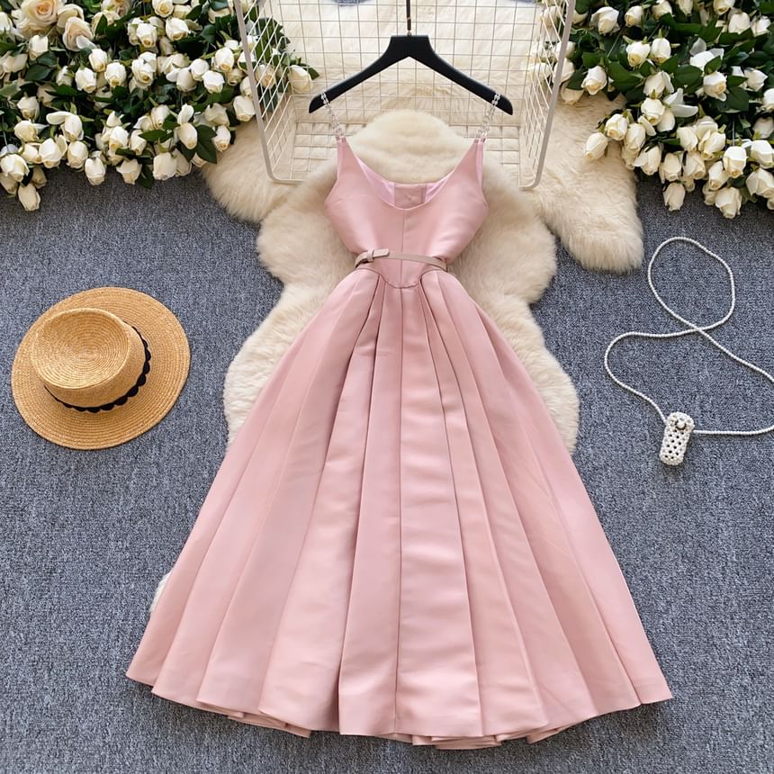 Scoop Neck Pleated Midi Dress Button Down Thin Straps