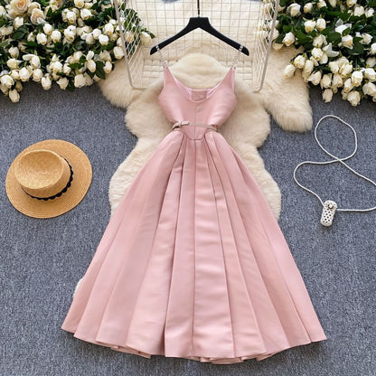 Scoop Neck Pleated Midi Dress Button Down Thin Straps