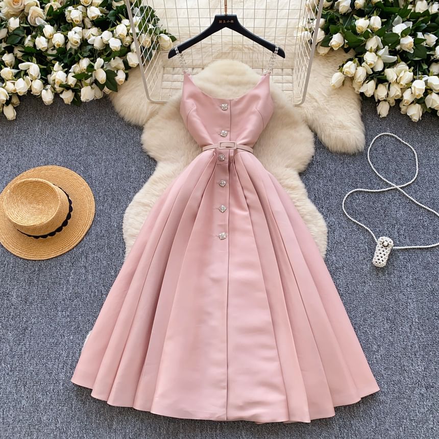 Scoop Neck Pleated Midi Dress Button Down Thin Straps