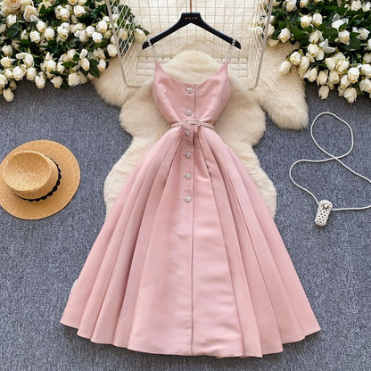 Scoop Neck Pleated Midi Dress Button Down Thin Straps