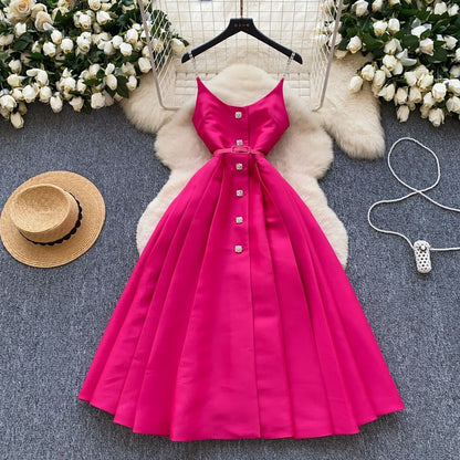 Scoop Neck Pleated Midi Dress Button Down Thin Straps