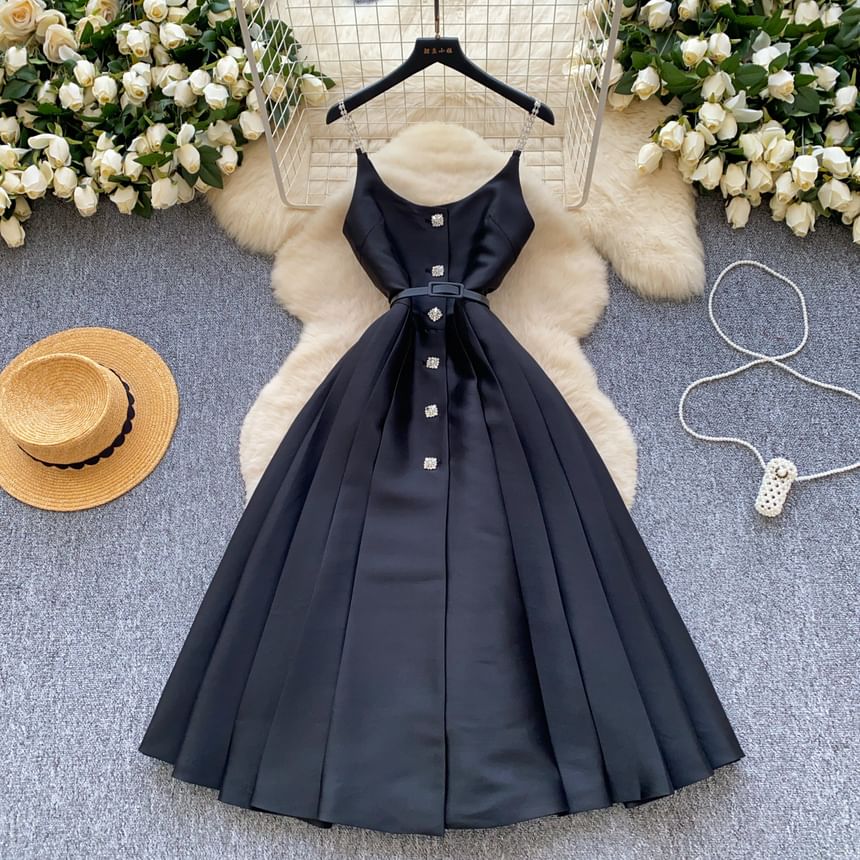 Scoop Neck Pleated Midi Dress Button Down Thin Straps