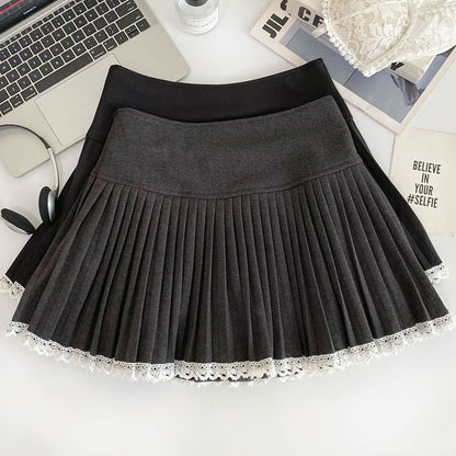 Contrast Lace Trim Pleated Mini Skirt - High Waist