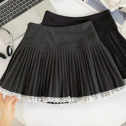 Contrast Lace Trim Pleated Mini Skirt - High Waist