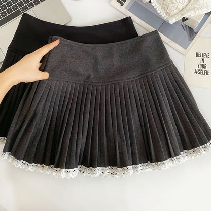 Contrast Lace Trim Pleated Mini Skirt - High Waist