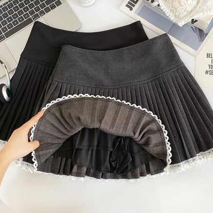 Contrast Lace Trim Pleated Mini Skirt - High Waist
