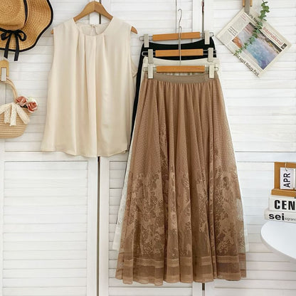 Jacquard Mesh Maxi Skirt - High Waist A-Line Style