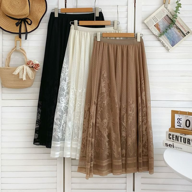 Jacquard Mesh Maxi Skirt - High Waist A-Line Style