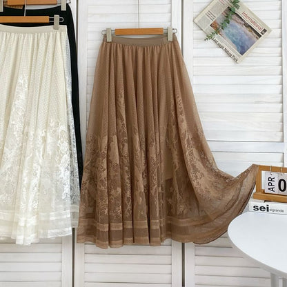 Jacquard Mesh Maxi Skirt - High Waist A-Line Style
