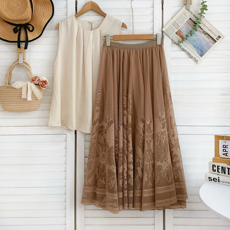 Jacquard Mesh Maxi Skirt - High Waist A-Line Style