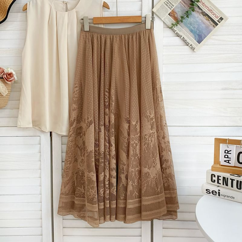 Jacquard Mesh Maxi Skirt - High Waist A-Line Style