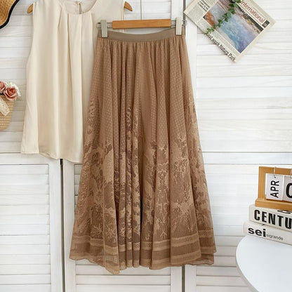 Jacquard Mesh Maxi Skirt - High Waist A-Line Style