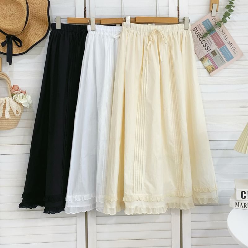 Frill Trim Pintuck Maxi Skirt with Drawstring Waist