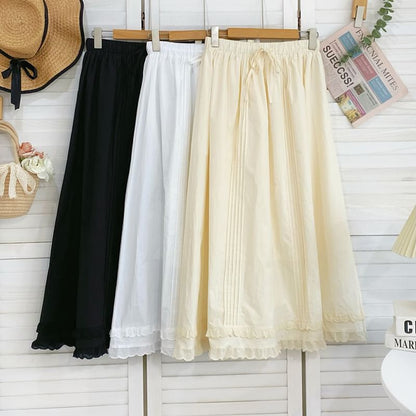 Frill Trim Pintuck Maxi Skirt with Drawstring Waist