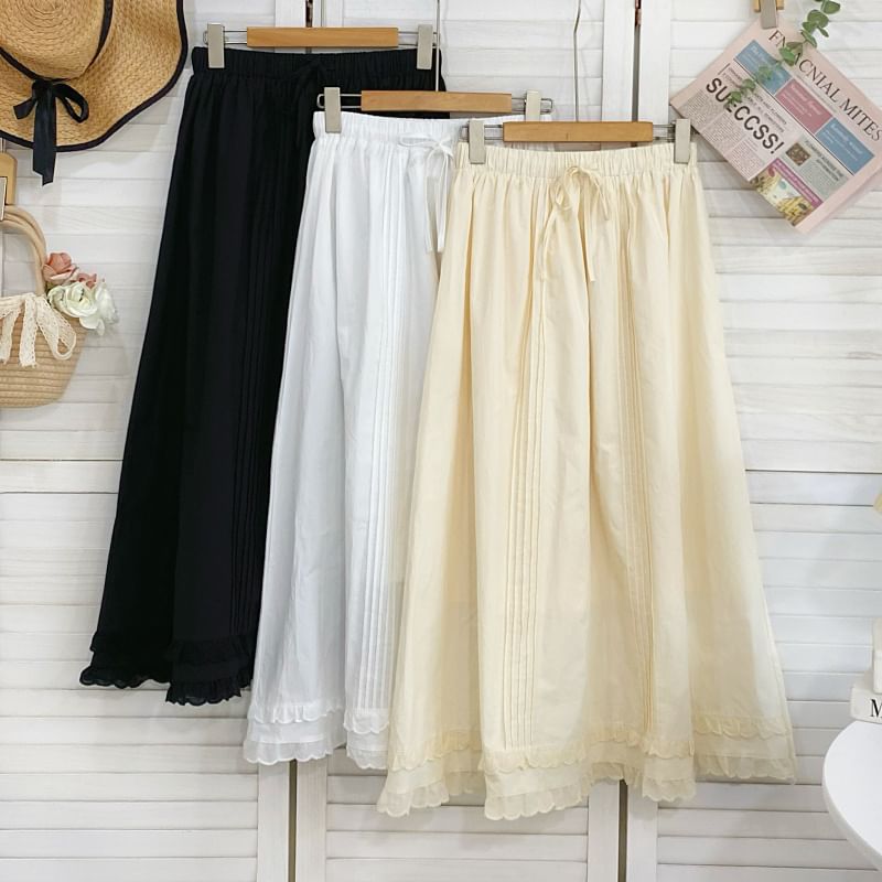 Frill Trim Pintuck Maxi Skirt with Drawstring Waist