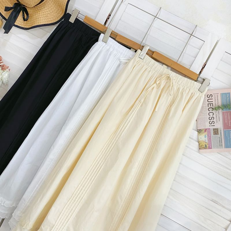 Frill Trim Pintuck Maxi Skirt with Drawstring Waist