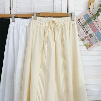 Frill Trim Pintuck Maxi Skirt with Drawstring Waist