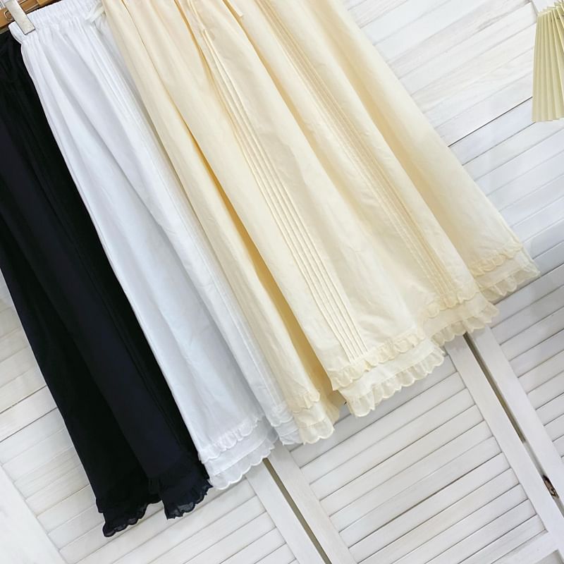 Frill Trim Pintuck Maxi Skirt with Drawstring Waist