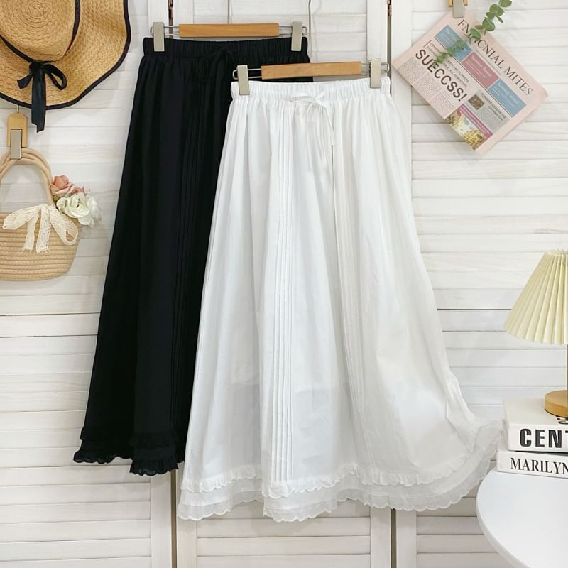 Frill Trim Pintuck Maxi Skirt with Drawstring Waist