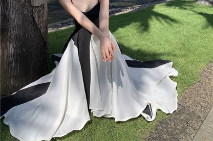 Two Tone Open Back Maxi A-Line Dress V-Neck Thin Straps