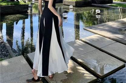 Two Tone Open Back Maxi A-Line Dress V-Neck Thin Straps