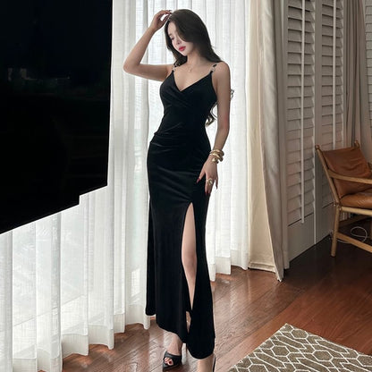 Velvet Slit Evening Gown V-Neck Thin Straps