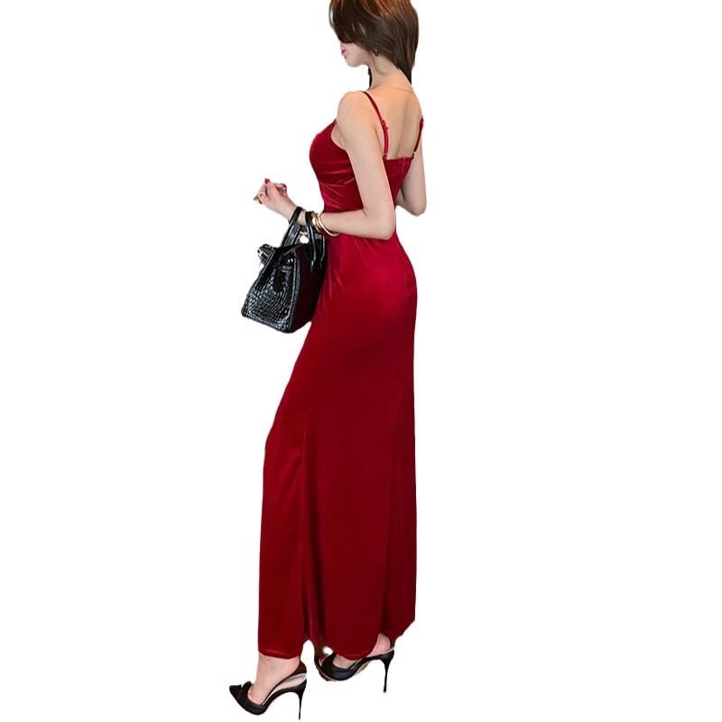 Velvet Slit Evening Gown V-Neck Thin Straps