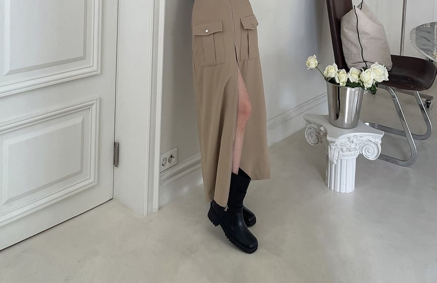 Solid Zip-Up Midi A-Line Skirt with High Waistband