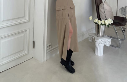Solid Zip-Up Midi A-Line Skirt with High Waistband