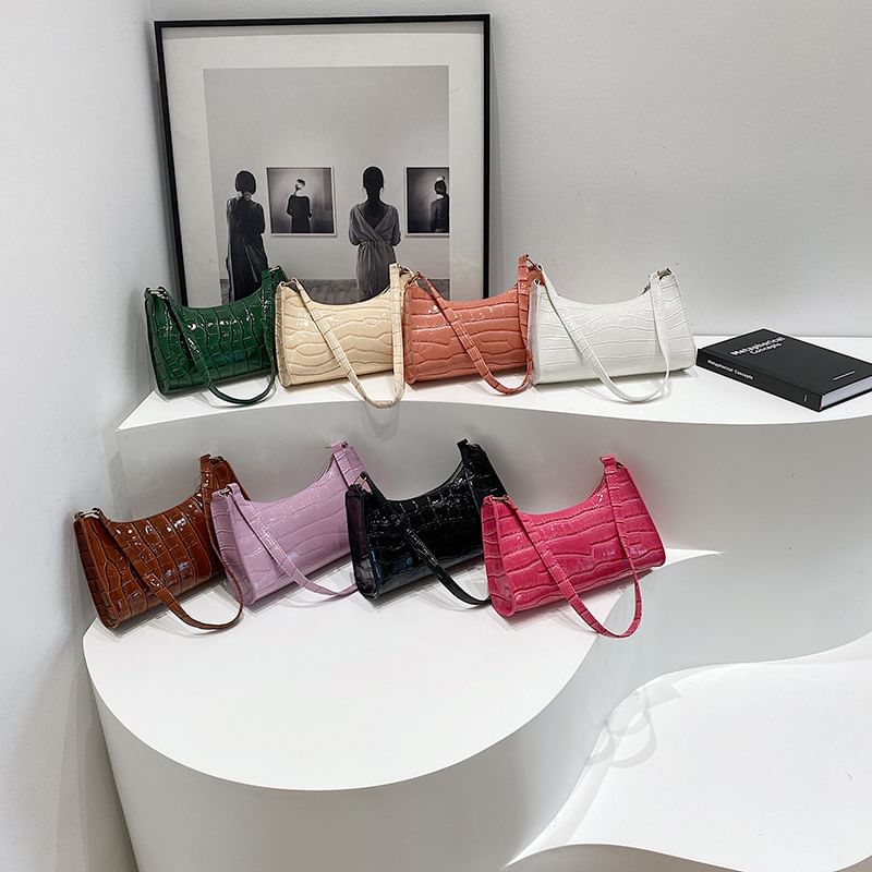 Plain Croc Grain Faux Leather Shoulder Bag