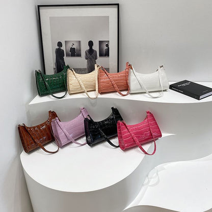 Plain Croc Grain Faux Leather Shoulder Bag