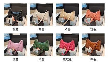 Plain Croc Grain Faux Leather Shoulder Bag