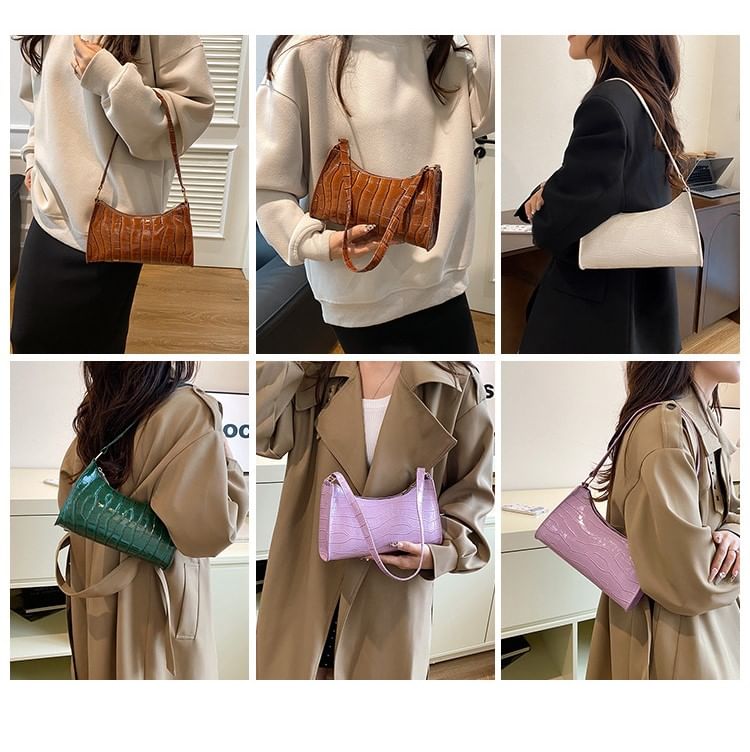 Plain Croc Grain Faux Leather Shoulder Bag