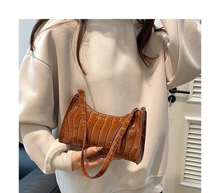 Plain Croc Grain Faux Leather Shoulder Bag