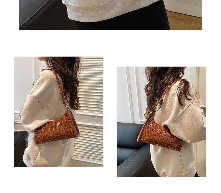 Plain Croc Grain Faux Leather Shoulder Bag