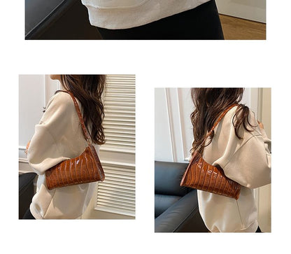Plain Croc Grain Faux Leather Shoulder Bag