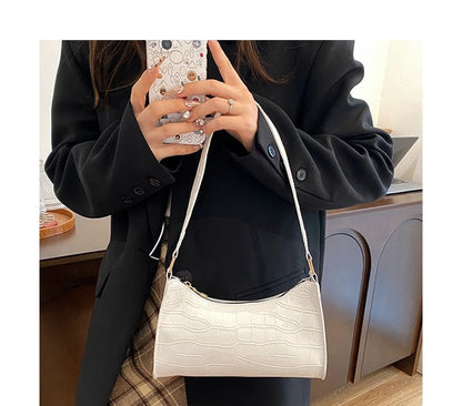 Plain Croc Grain Faux Leather Shoulder Bag