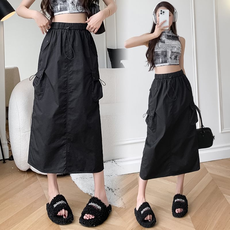 Solid Midi A-Line Skirt - High Waist Versatile