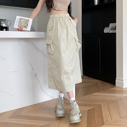 Solid Midi A-Line Skirt - High Waist Versatile