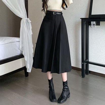 Midi Pleated A-Line Skirt - High Rise Solid Color