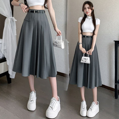 Midi Pleated A-Line Skirt - High Rise Solid Color