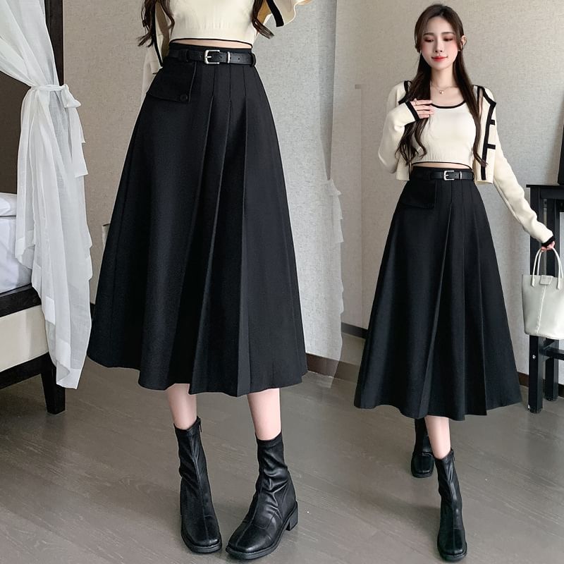 Midi Pleated A-Line Skirt - High Rise Solid Color