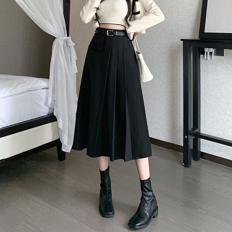 Midi Pleated A-Line Skirt - High Rise Solid Color