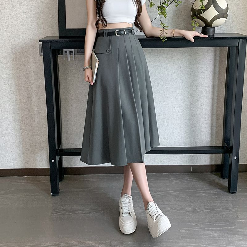 Midi Pleated A-Line Skirt - High Rise Solid Color