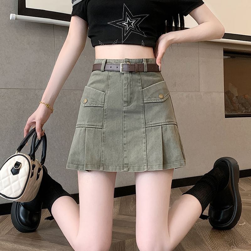Denim Pleated Mini Skirt