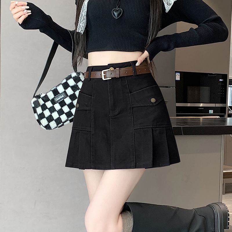 Denim Pleated Mini Skirt